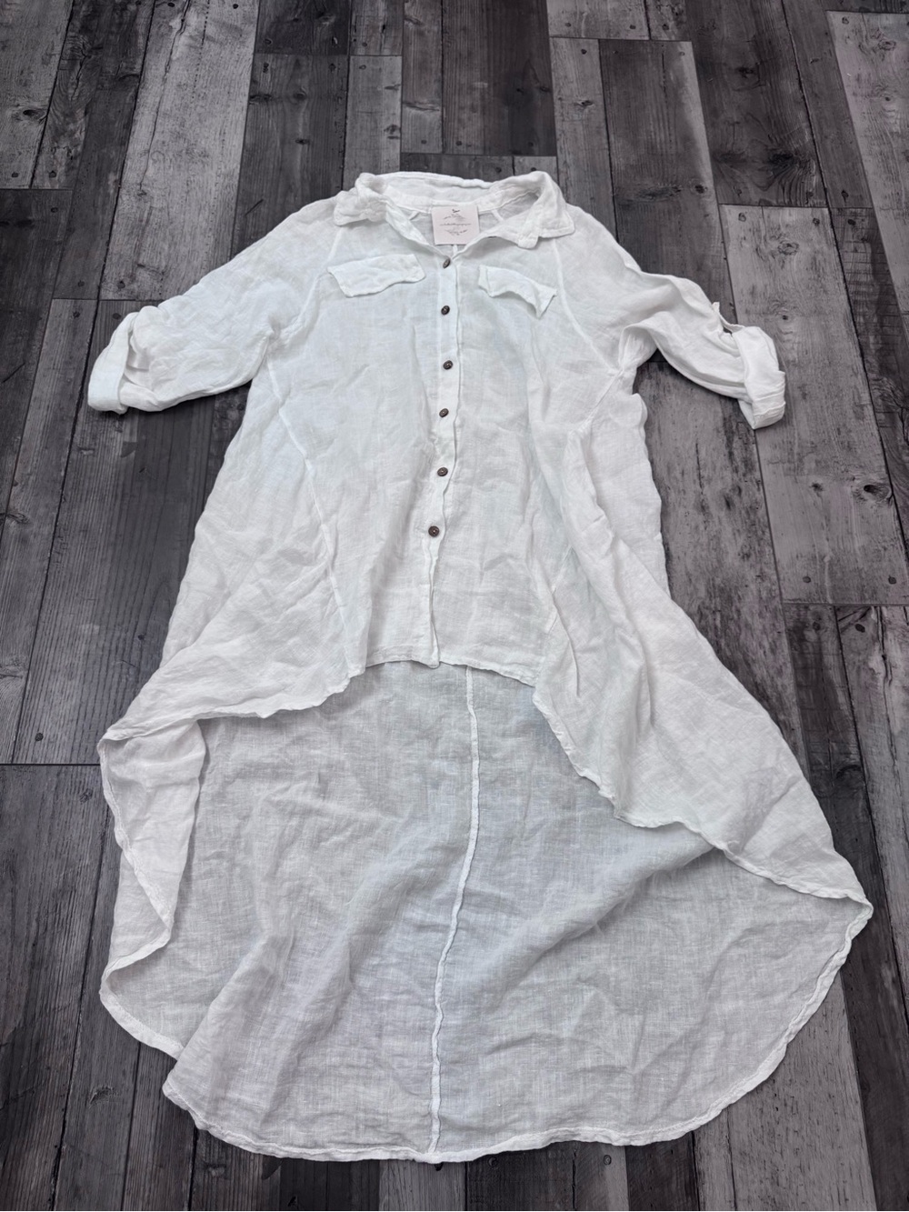 Meo Meli Linen Hi Lo Tunic Shirt Dress White  Button Up Relaxed Italy NEW